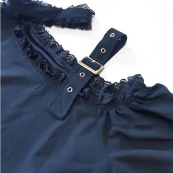 Rojita Jirai Black One-Shoulder Belt Detail Choker Shirt Blouse Top - Picture 2 of 5